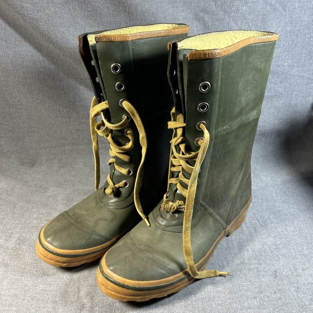 Vintage Northwest Territory Rubber Boots Mens 9 Insulated Waterproof Green Gold